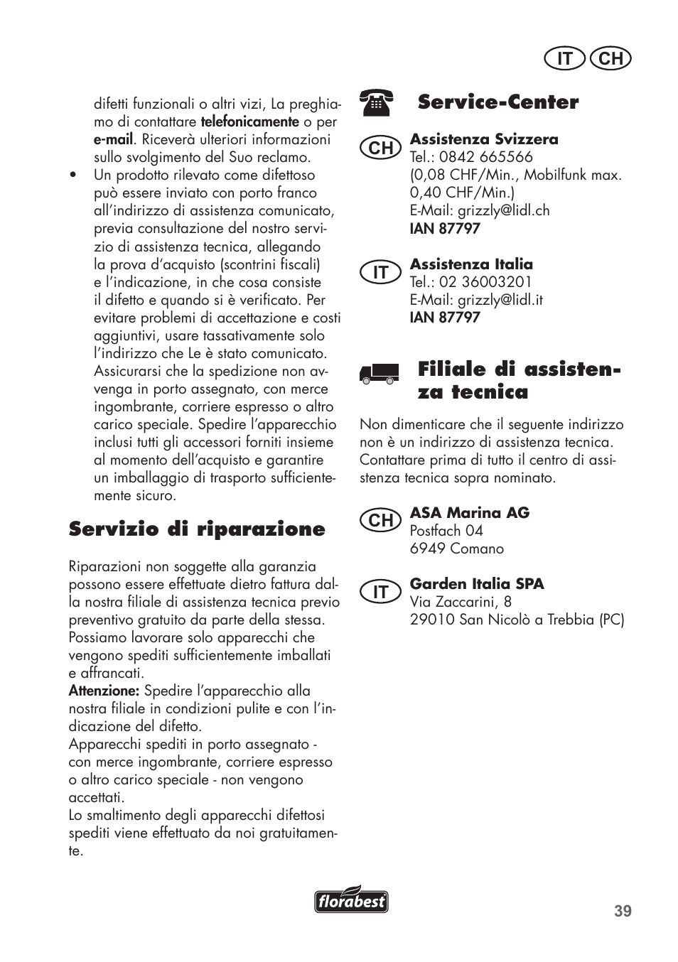 Servizio di riparazione, Service-center, Filiale di assisten- za tecnica | It ch, Ch it ch it | Florabest FHT 600 B2 User Manual | Page 39 / 54