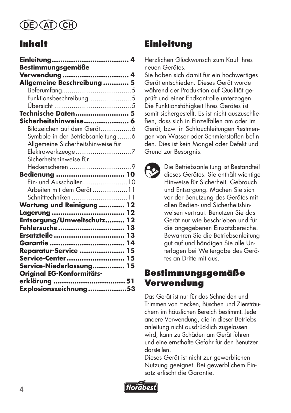 Einleitung, Bestimmungsgemäße verwendung, Inhalt | De at ch | Florabest FHT 600 B2 User Manual | Page 4 / 54