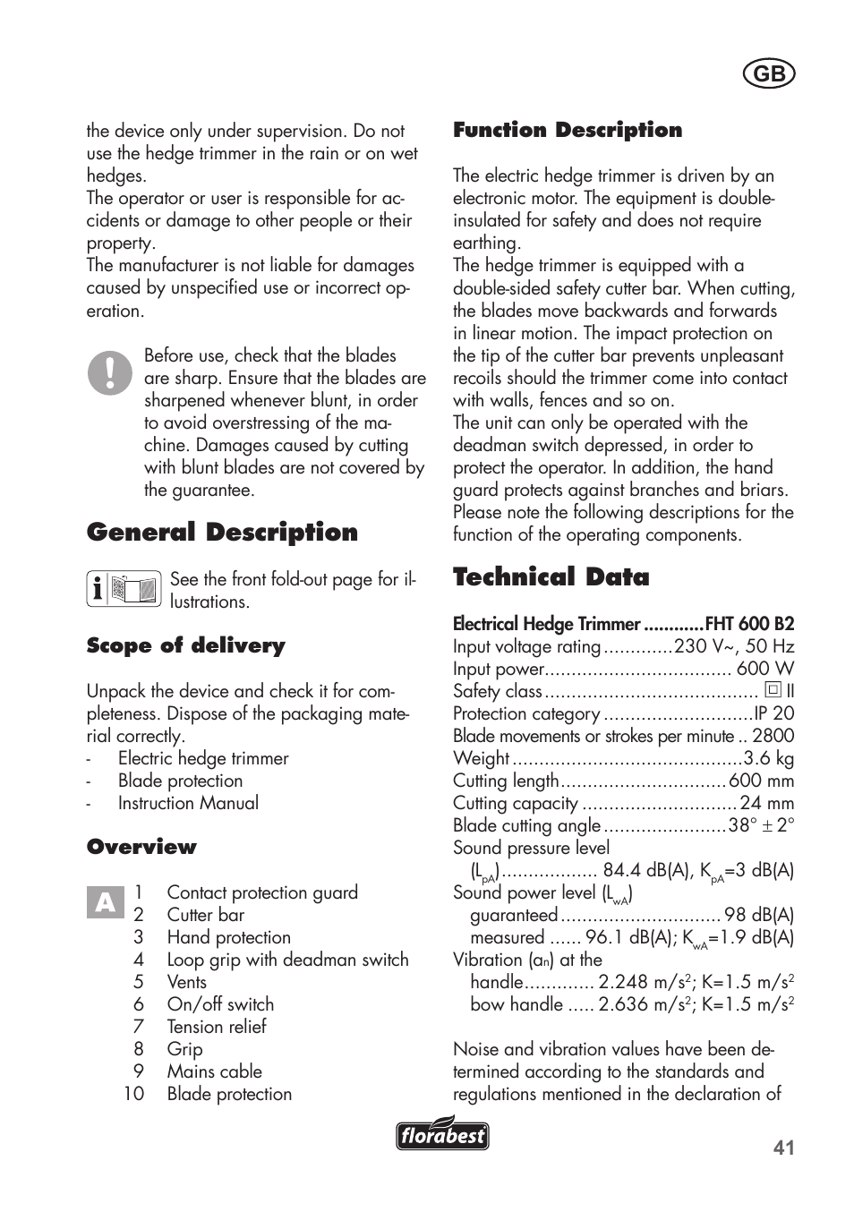 General description, Technical data | Florabest FHT 600 B2 User Manual | Page 41 / 54