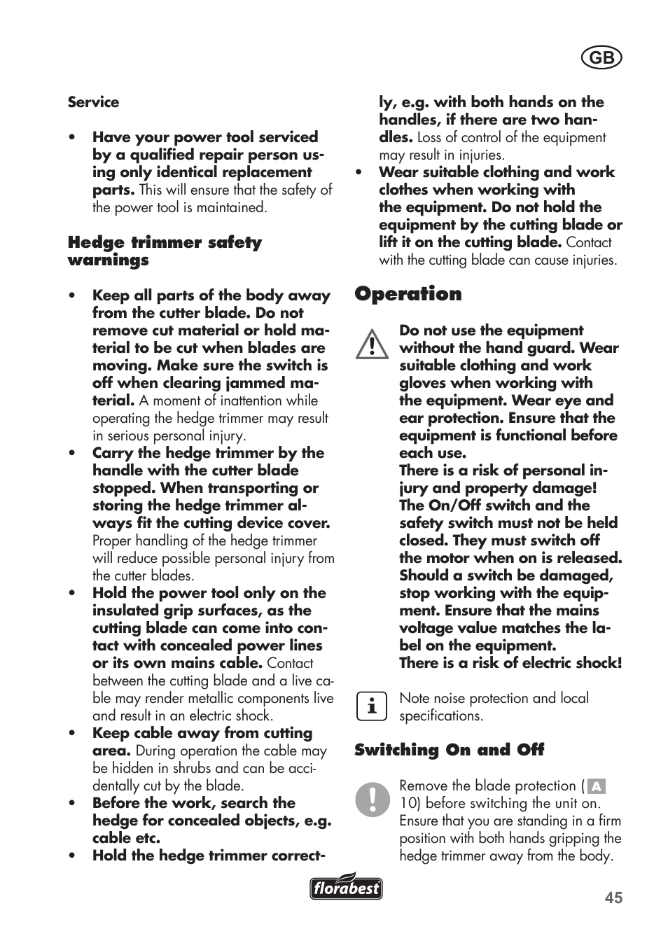 Operation | Florabest FHT 600 B2 User Manual | Page 45 / 54