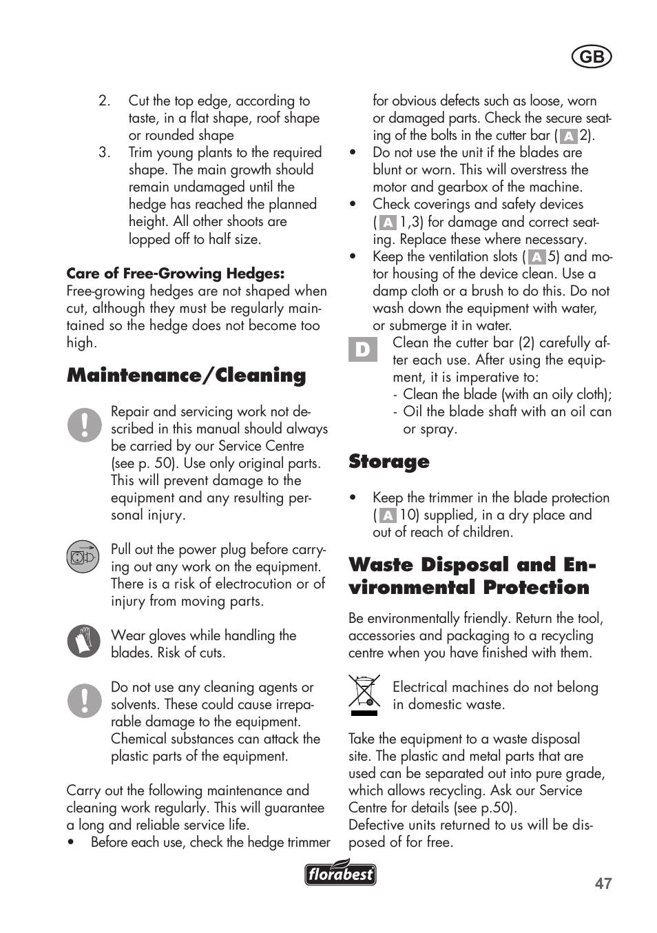 Maintenance/cleaning, Storage, Waste disposal and en- vironmental protection | Florabest FHT 600 B2 User Manual | Page 47 / 54