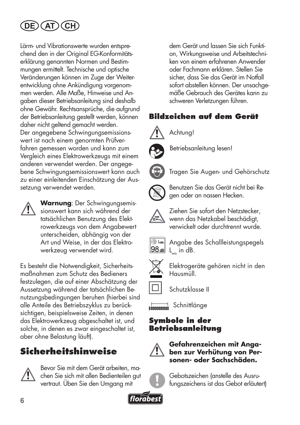 Sicherheitshinweise, De at ch | Florabest FHT 600 B2 User Manual | Page 6 / 54
