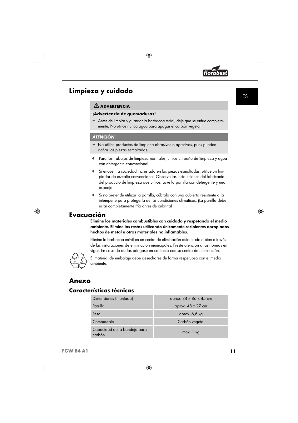 Limpieza y cuidado, Evacuación, Anexo | Características técnicas | Florabest FGW 84 A1 User Manual | Page 14 / 64