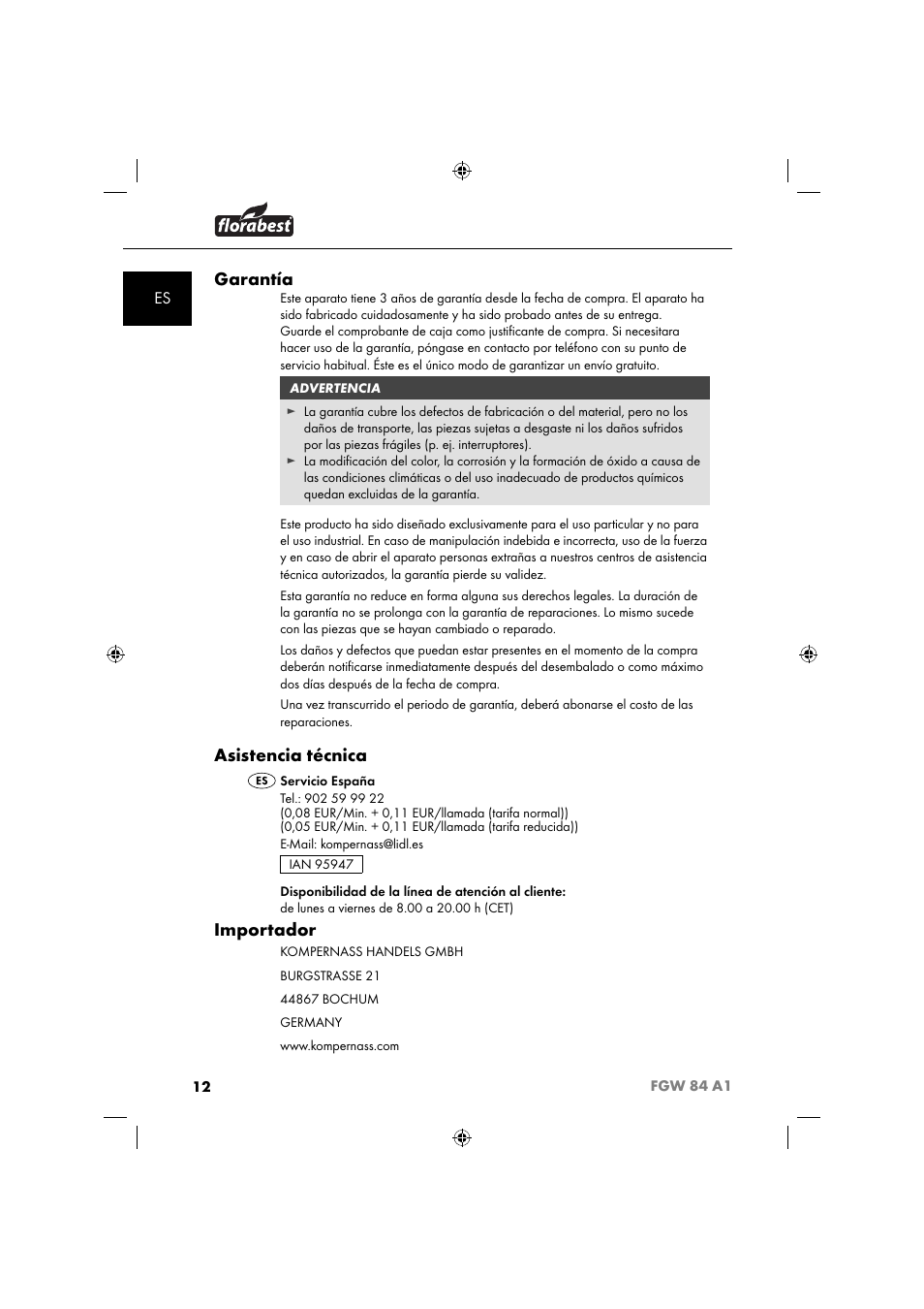 Garantía, Asistencia técnica, Importador | Florabest FGW 84 A1 User Manual | Page 15 / 64