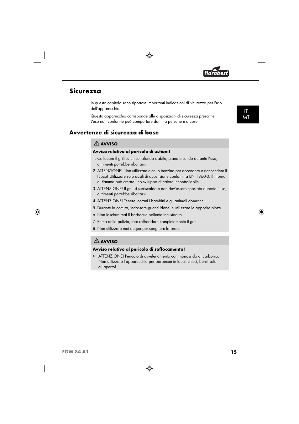 Sicurezza, Avvertenze di sicurezza di base, It mt | Florabest FGW 84 A1 User Manual | Page 18 / 64