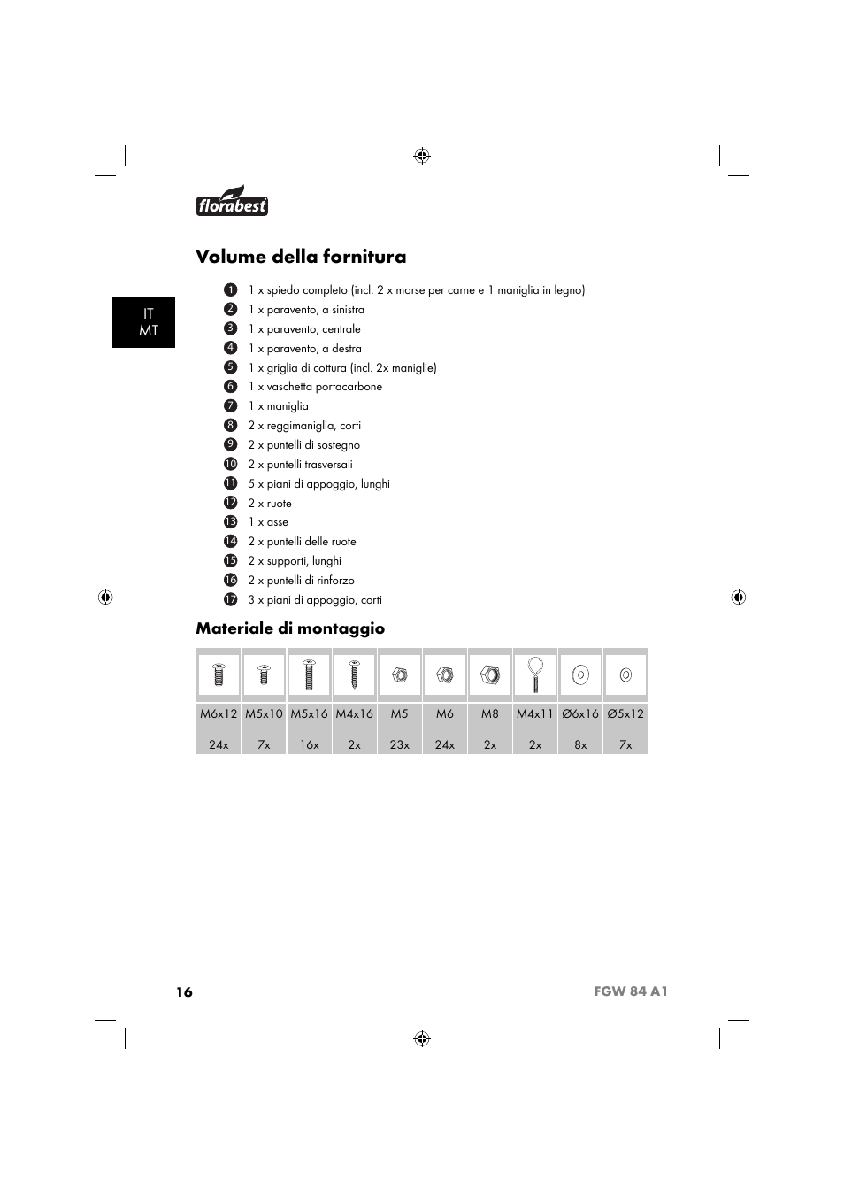 Volume della fornitura, Materiale di montaggio, It mt | Florabest FGW 84 A1 User Manual | Page 19 / 64