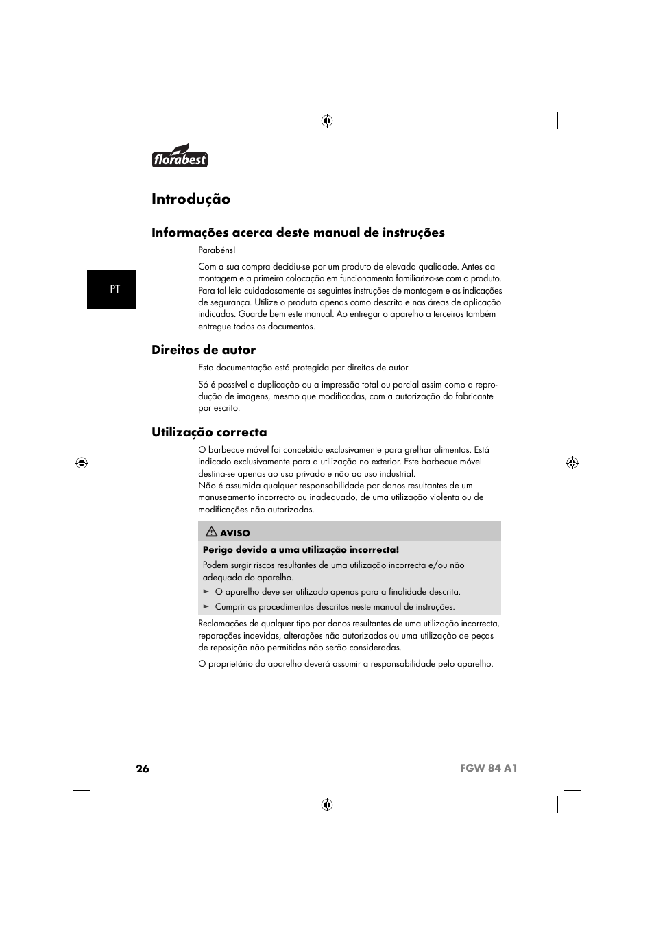 Introdução, Informações acerca deste manual de instruções, Direitos de autor | Utilização correcta | Florabest FGW 84 A1 User Manual | Page 29 / 64