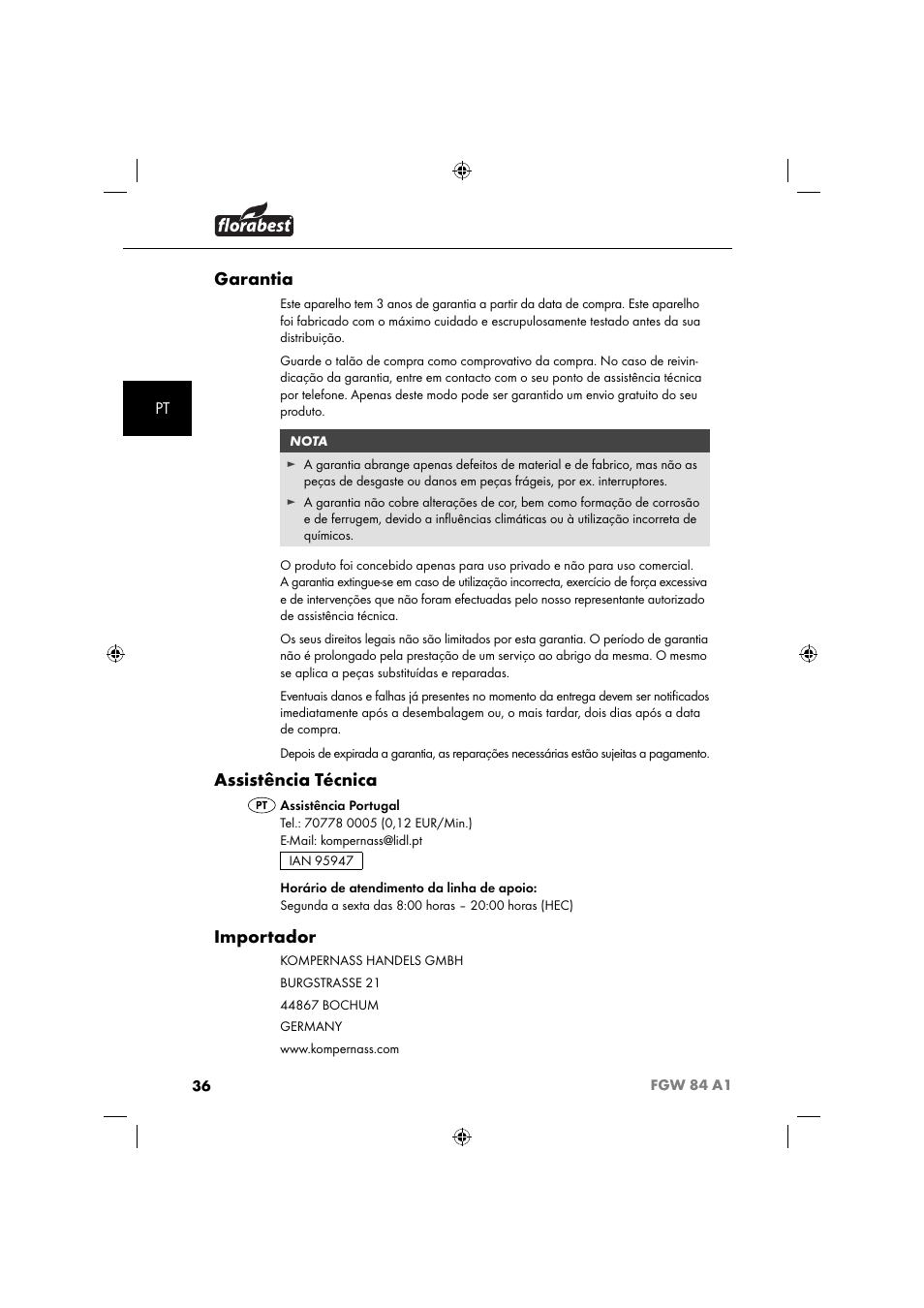 Garantia, Assistência técnica, Importador | Florabest FGW 84 A1 User Manual | Page 39 / 64
