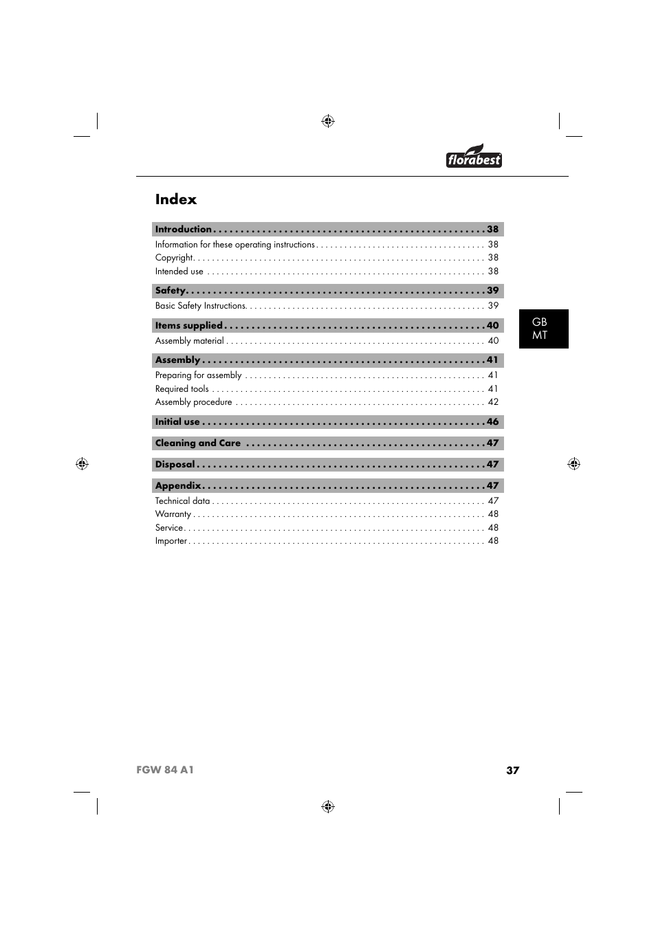 Index, Gb mt | Florabest FGW 84 A1 User Manual | Page 40 / 64