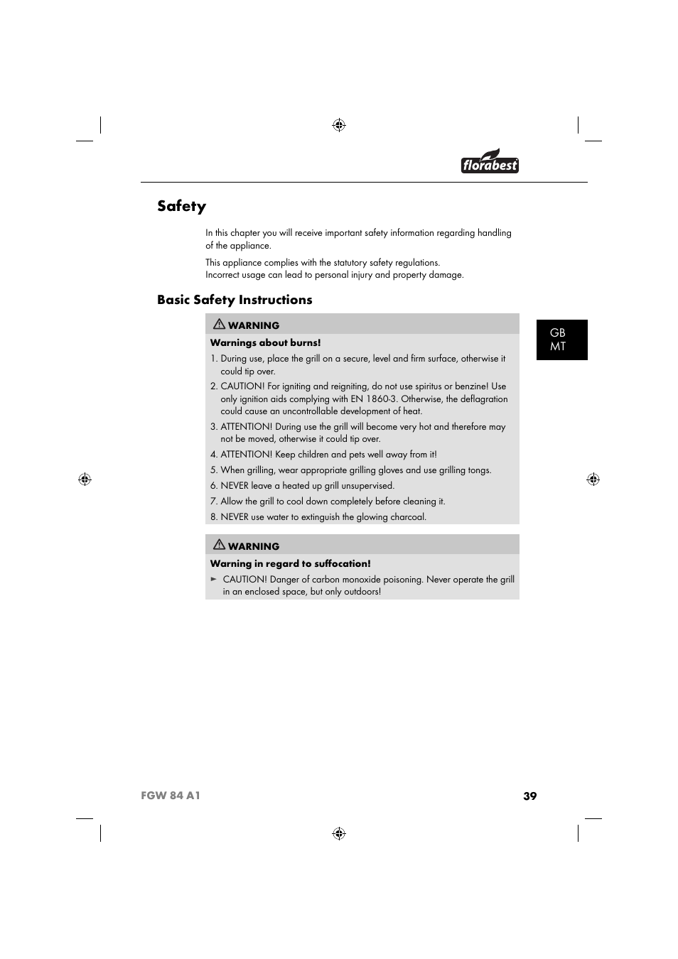 Safety, Basic safety instructions, Gb mt | Florabest FGW 84 A1 User Manual | Page 42 / 64