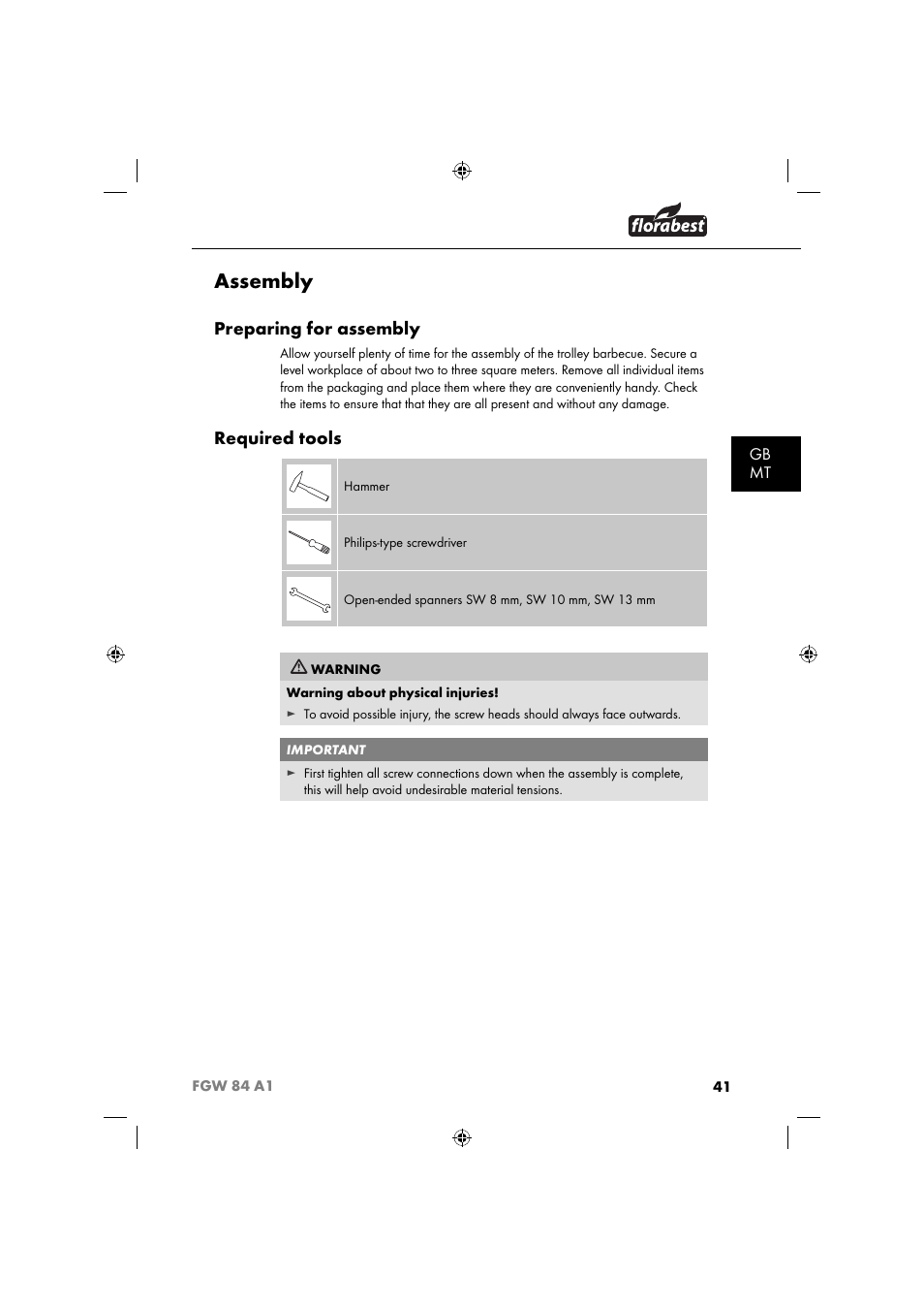 Assembly, Preparing for assembly, Required tools | Gb mt | Florabest FGW 84 A1 User Manual | Page 44 / 64