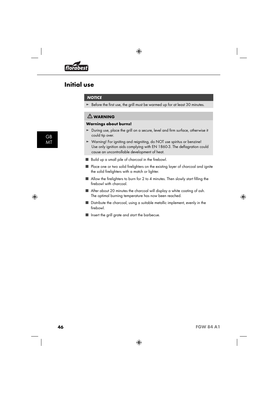 Initial use, Gb mt | Florabest FGW 84 A1 User Manual | Page 49 / 64