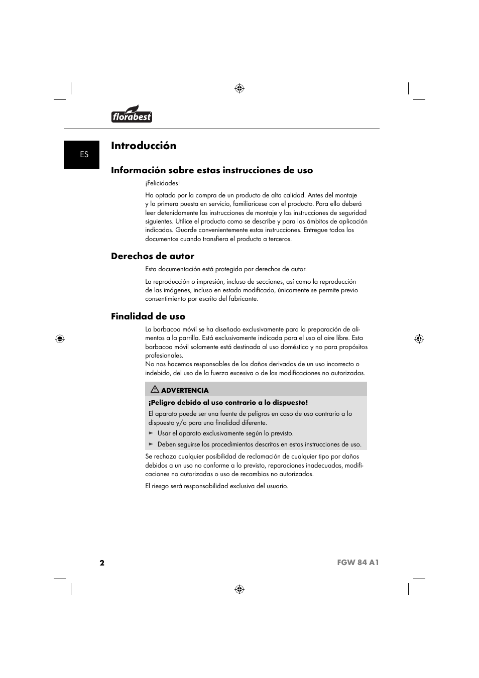 Introducción, Información sobre estas instrucciones de uso, Derechos de autor | Finalidad de uso | Florabest FGW 84 A1 User Manual | Page 5 / 64