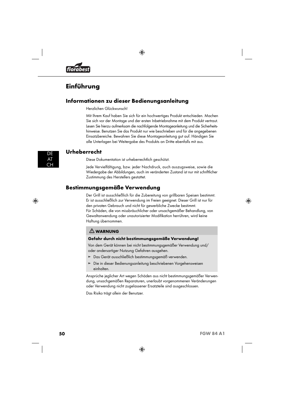 Einführung, Informationen zu dieser bedienungsanleitung, Urheberrecht | Bestimmungsgemäße verwendung | Florabest FGW 84 A1 User Manual | Page 53 / 64