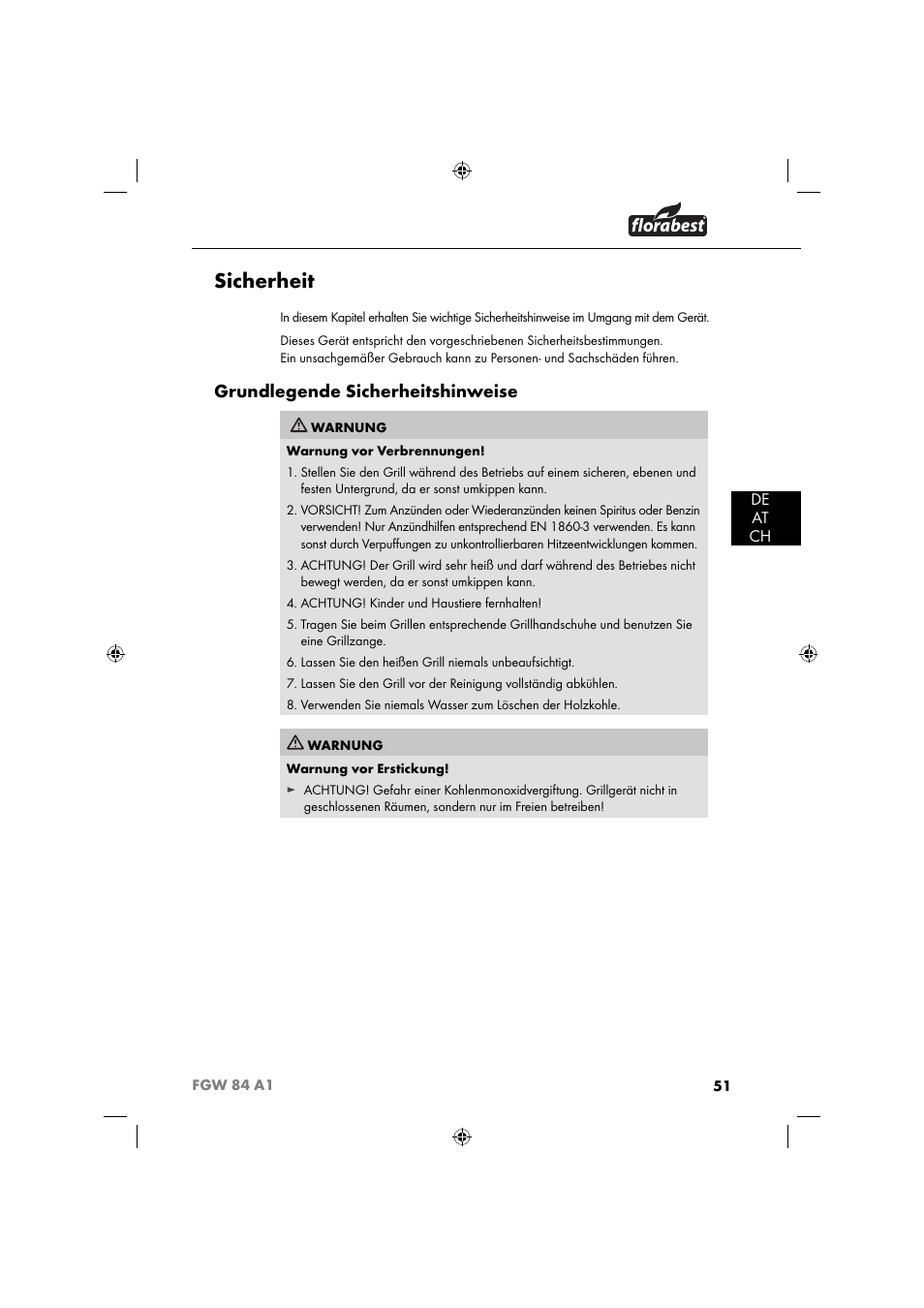 Sicherheit, Grundlegende sicherheitshinweise, De at ch | Florabest FGW 84 A1 User Manual | Page 54 / 64