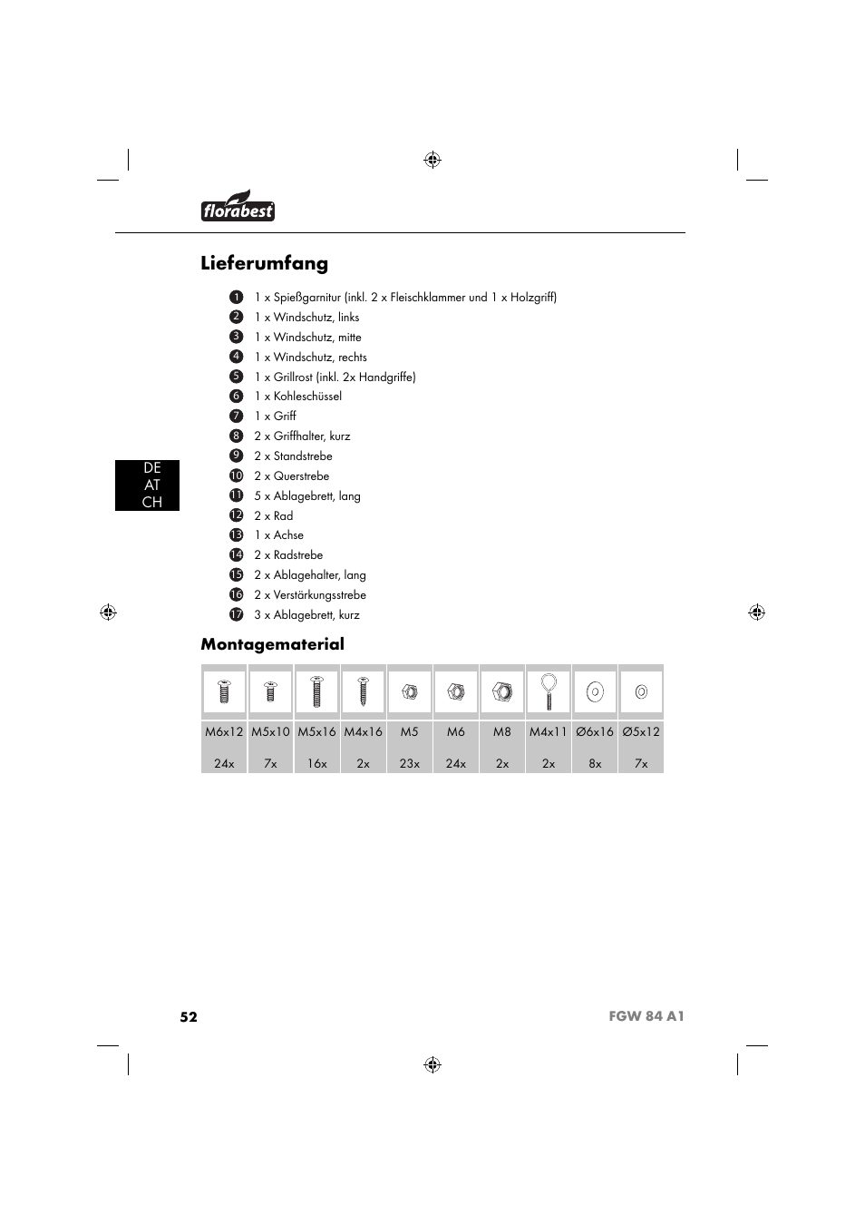 Lieferumfang, Montagematerial, De at ch | Florabest FGW 84 A1 User Manual | Page 55 / 64