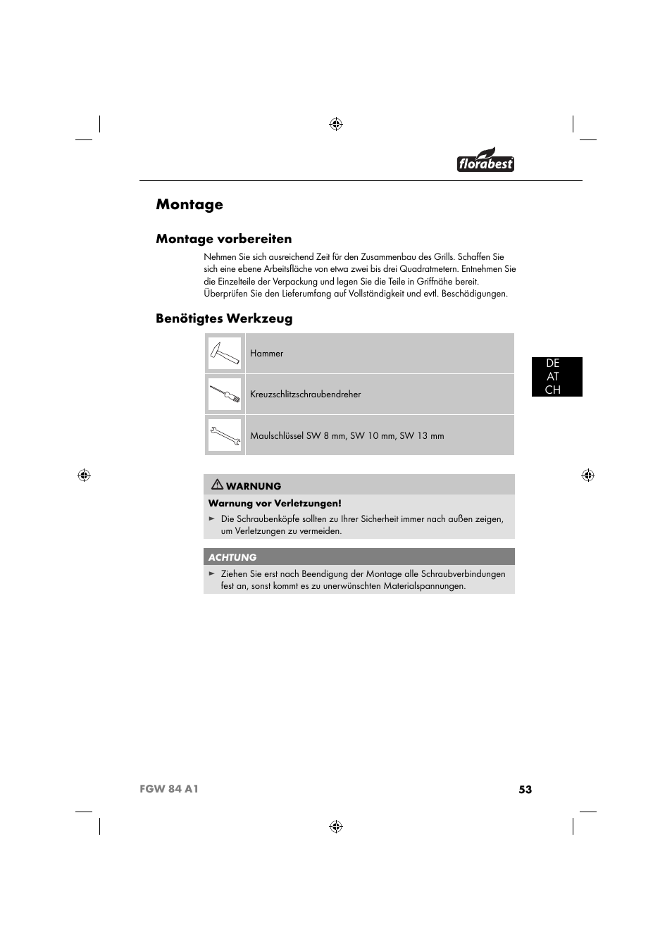 Montage, Montage vorbereiten, Benötigtes werkzeug | De at ch | Florabest FGW 84 A1 User Manual | Page 56 / 64