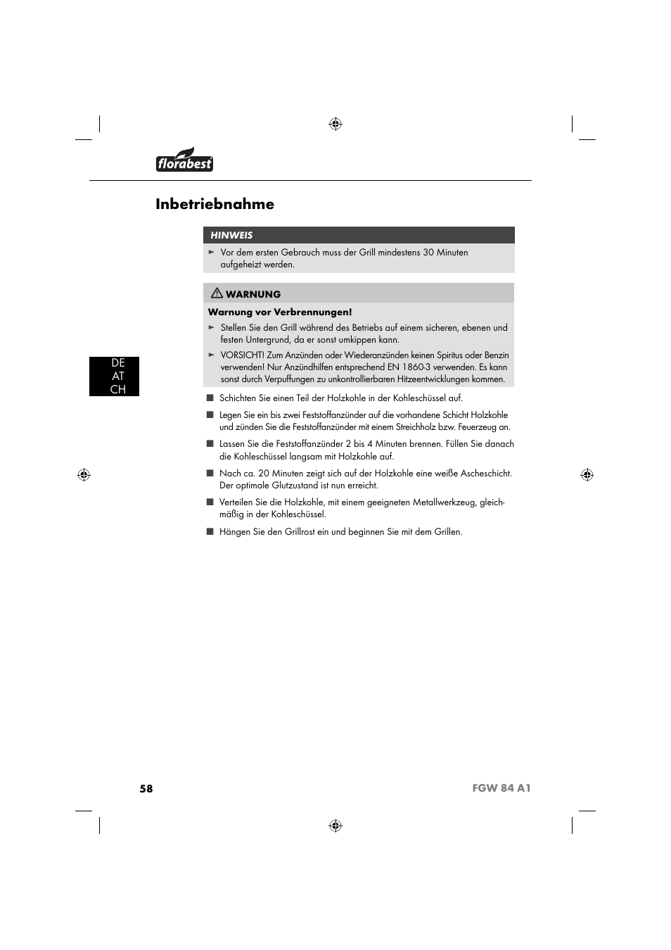 Inbetriebnahme, De at ch | Florabest FGW 84 A1 User Manual | Page 61 / 64
