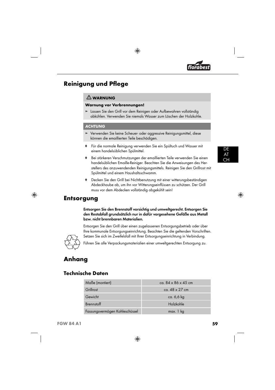 Reinigung und pﬂ ege, Entsorgung, Anhang | Technische daten | Florabest FGW 84 A1 User Manual | Page 62 / 64