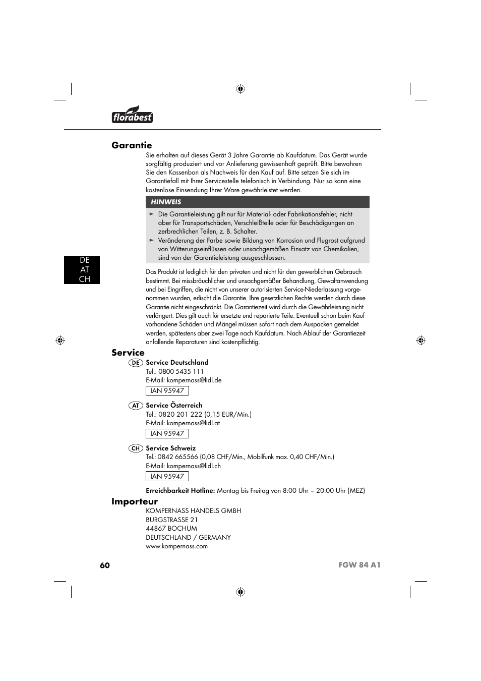 Garantie, Service, Importeur | De at ch | Florabest FGW 84 A1 User Manual | Page 63 / 64