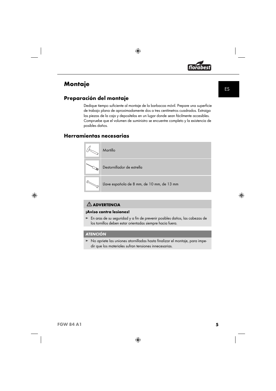 Montaje, Preparación del montaje, Herramientas necesarias | Florabest FGW 84 A1 User Manual | Page 8 / 64