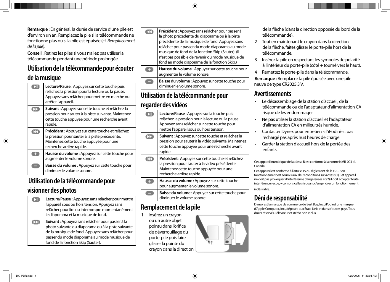 Remplacement de la pile, Avertissements, Déni de responsabilité | Dynex DX-IPDR User Manual | Page 4 / 6