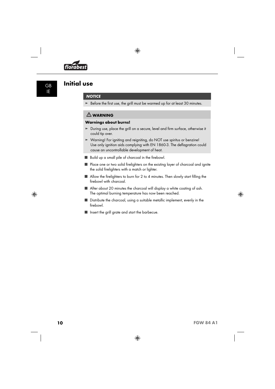 Initial use, Gb ie | Florabest FGW 84 A1 User Manual | Page 13 / 88