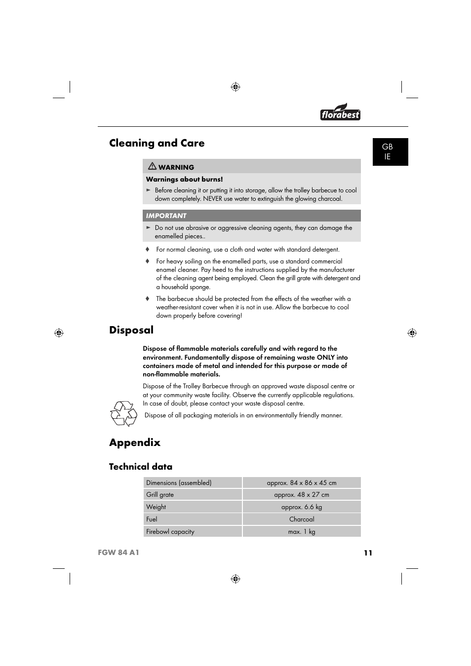 Cleaning and care, Disposal, Appendix | Technical data, Gb ie | Florabest FGW 84 A1 User Manual | Page 14 / 88