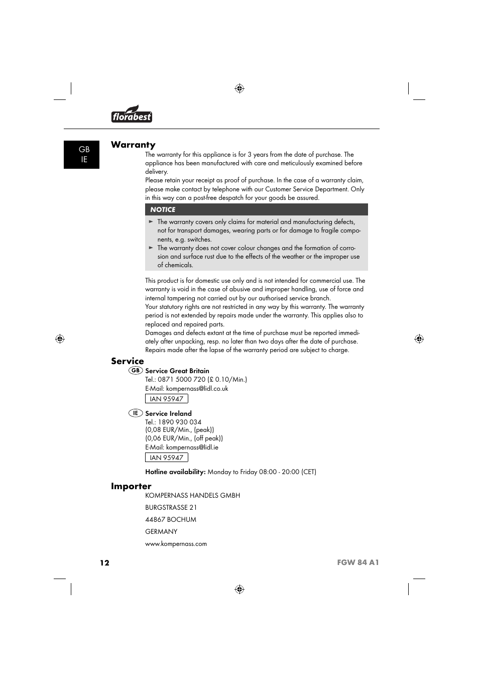 Warranty, Service, Importer | Gb ie | Florabest FGW 84 A1 User Manual | Page 15 / 88