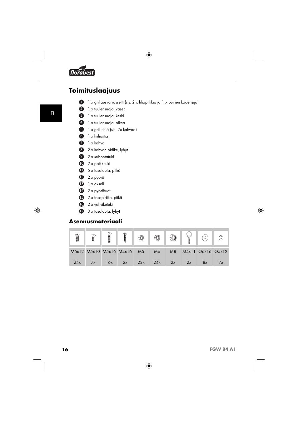 Toimituslaajuus, Asennusmateriaali | Florabest FGW 84 A1 User Manual | Page 19 / 88