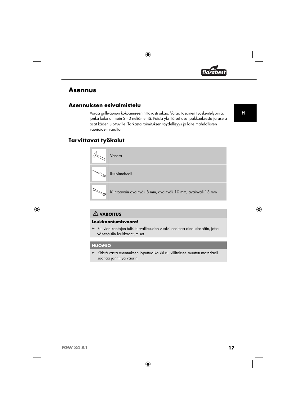 Asennus, Asennuksen esivalmistelu, Tarvittavat työkalut | Florabest FGW 84 A1 User Manual | Page 20 / 88