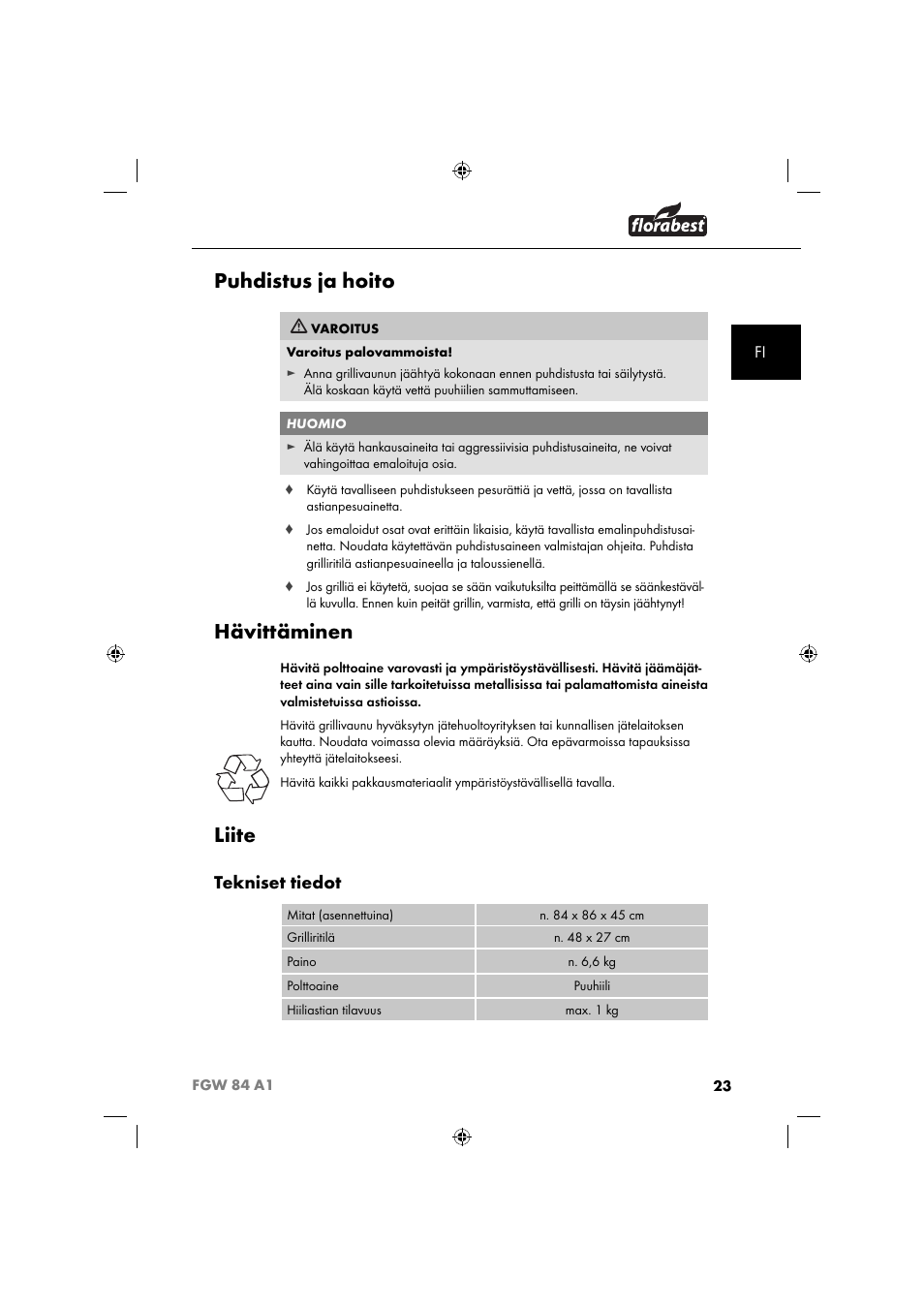Puhdistus ja hoito, Hävittäminen, Liite | Tekniset tiedot | Florabest FGW 84 A1 User Manual | Page 26 / 88