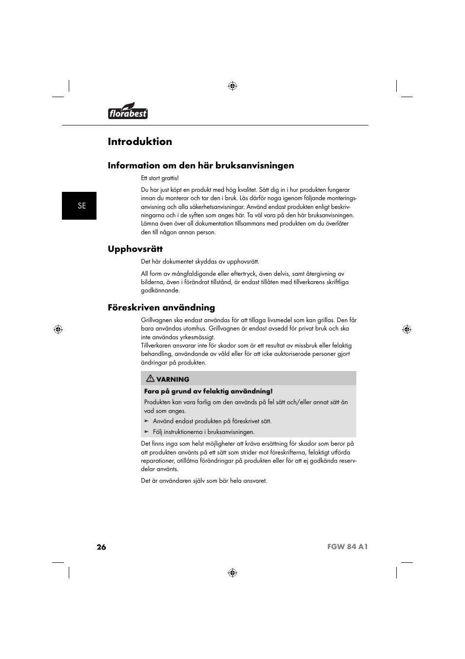 Introduktion, Information om den här bruksanvisningen, Upphovsrätt | Föreskriven användning | Florabest FGW 84 A1 User Manual | Page 29 / 88