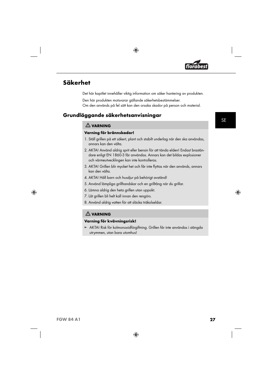 Säkerhet, Grundläggande säkerhetsanvisningar | Florabest FGW 84 A1 User Manual | Page 30 / 88