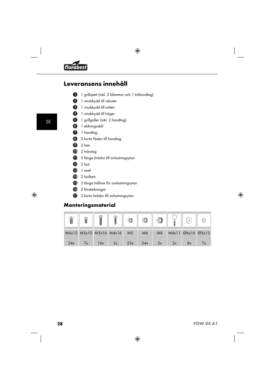 Leveransens innehåll, Monteringsmaterial | Florabest FGW 84 A1 User Manual | Page 31 / 88