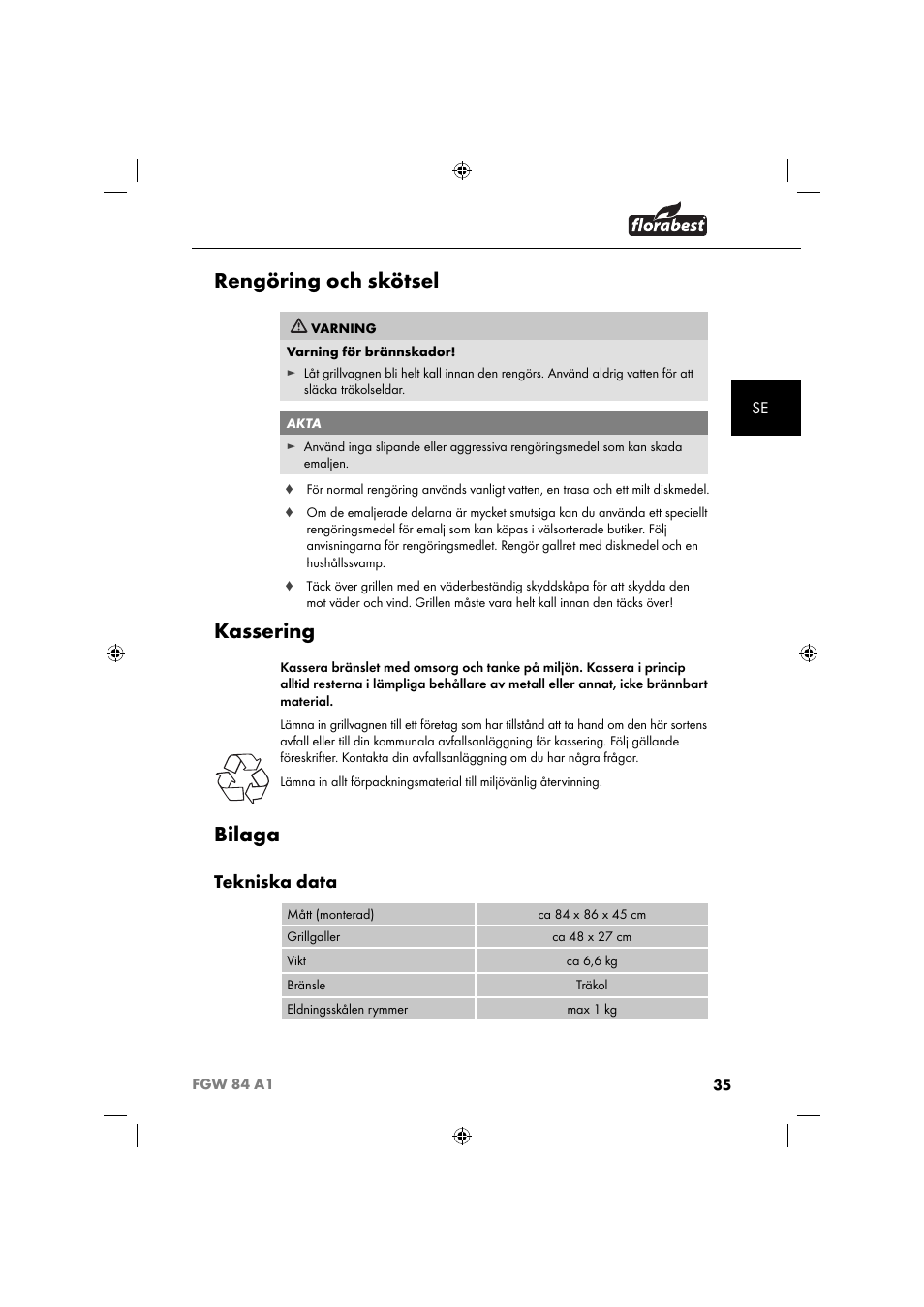 Rengöring och skötsel, Kassering, Bilaga | Tekniska data | Florabest FGW 84 A1 User Manual | Page 38 / 88