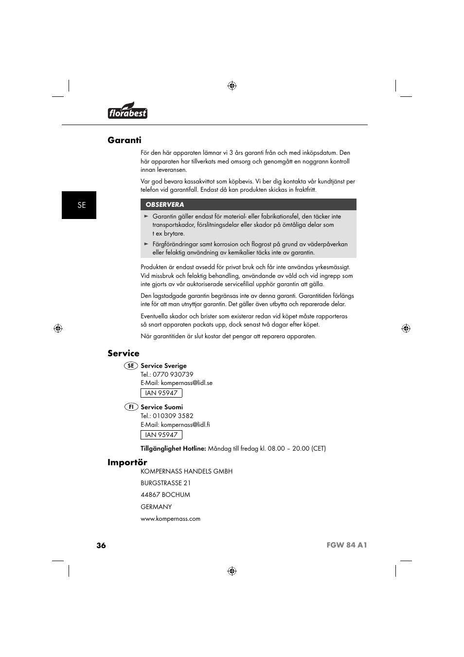 Garanti, Service, Importör | Florabest FGW 84 A1 User Manual | Page 39 / 88