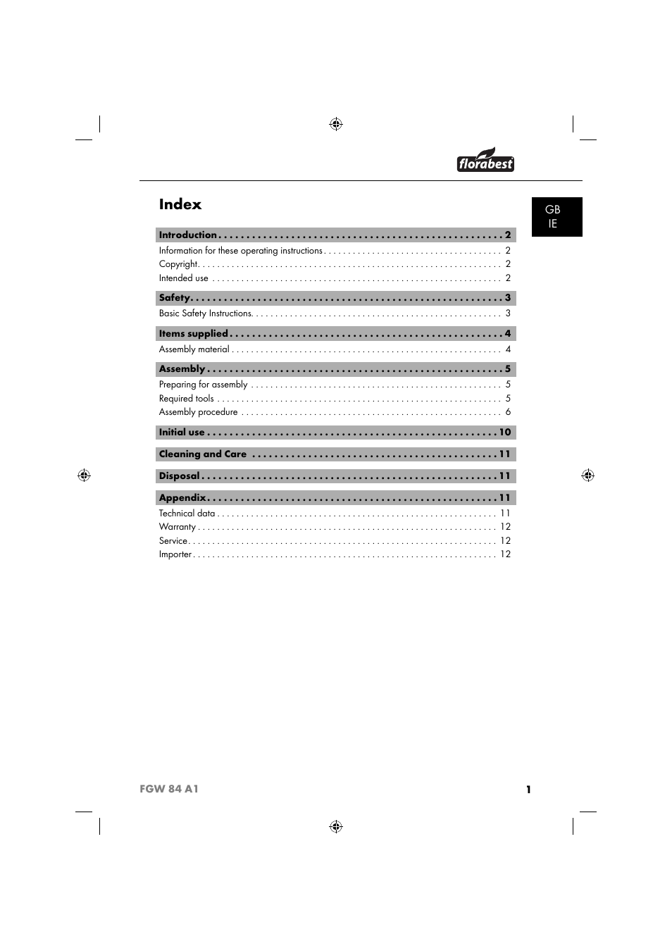 Index, Gb ie | Florabest FGW 84 A1 User Manual | Page 4 / 88