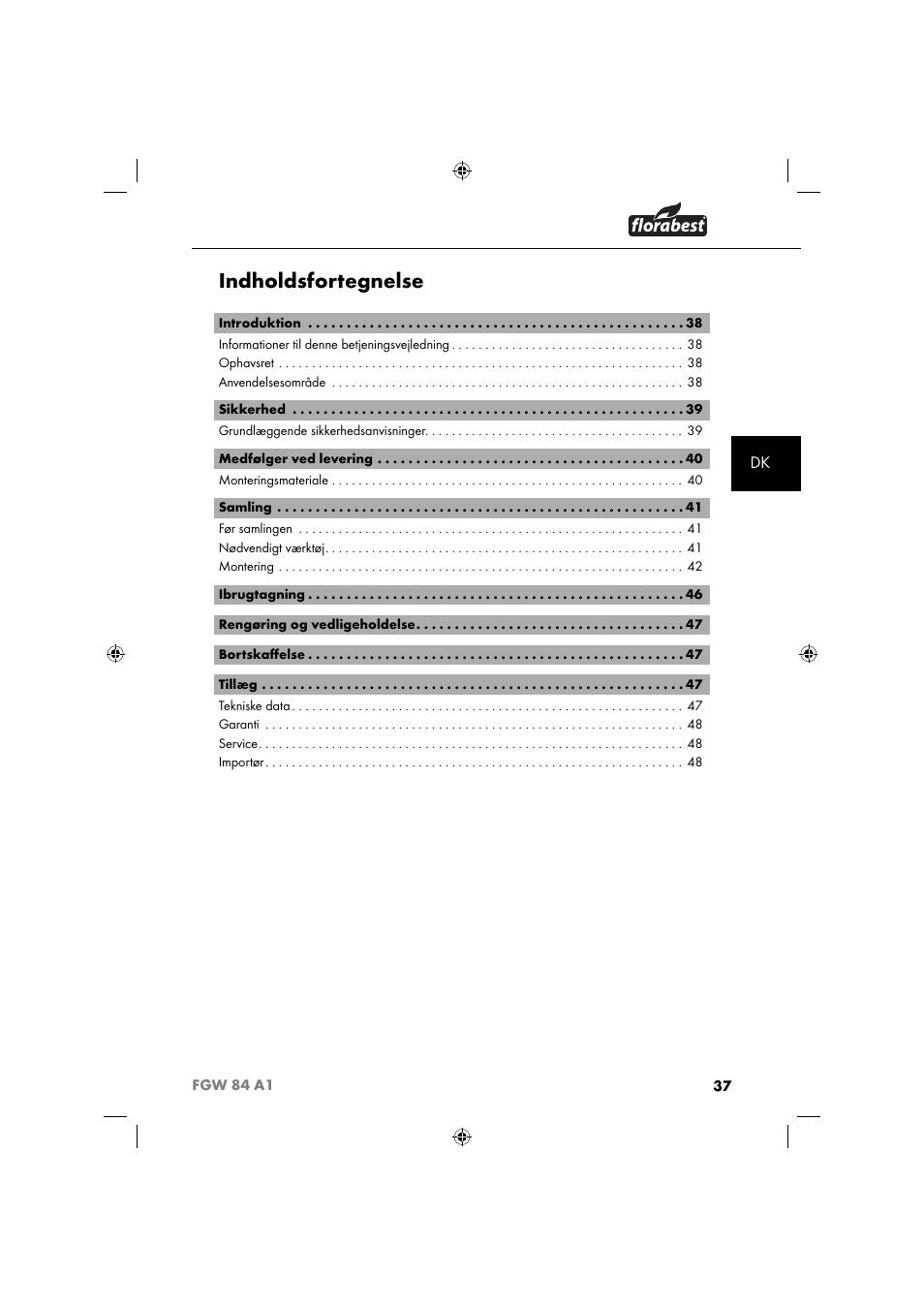 Indholdsfortegnelse | Florabest FGW 84 A1 User Manual | Page 40 / 88