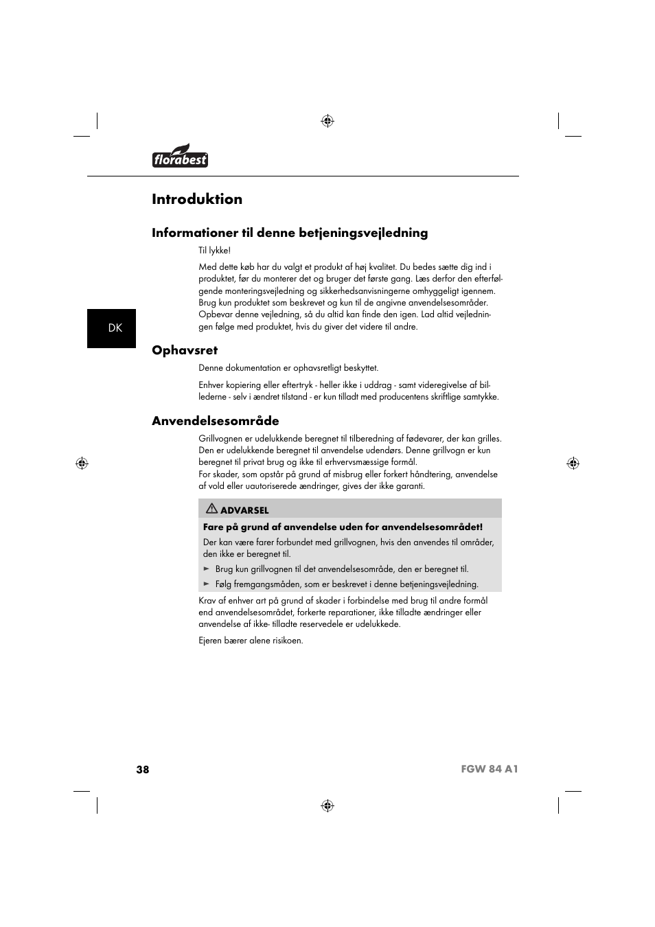 Introduktion, Informationer til denne betjeningsvejledning, Ophavsret | Anvendelsesområde | Florabest FGW 84 A1 User Manual | Page 41 / 88