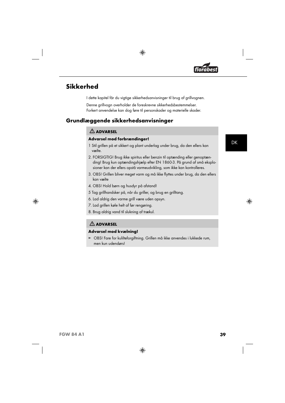 Sikkerhed, Grundlæggende sikkerhedsanvisninger | Florabest FGW 84 A1 User Manual | Page 42 / 88
