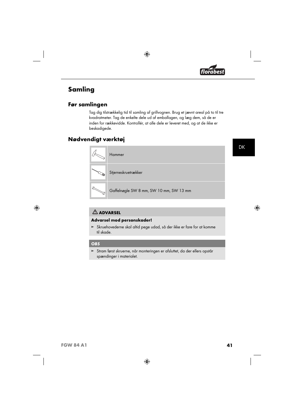 Samling, Før samlingen, Nødvendigt værktøj | Florabest FGW 84 A1 User Manual | Page 44 / 88