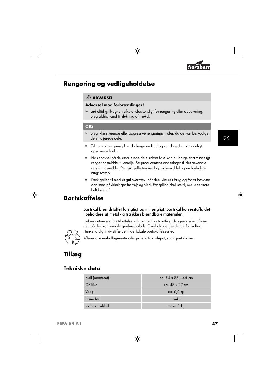 Rengøring og vedligeholdelse, Bortskaﬀ else, Tillæg | Tekniske data | Florabest FGW 84 A1 User Manual | Page 50 / 88