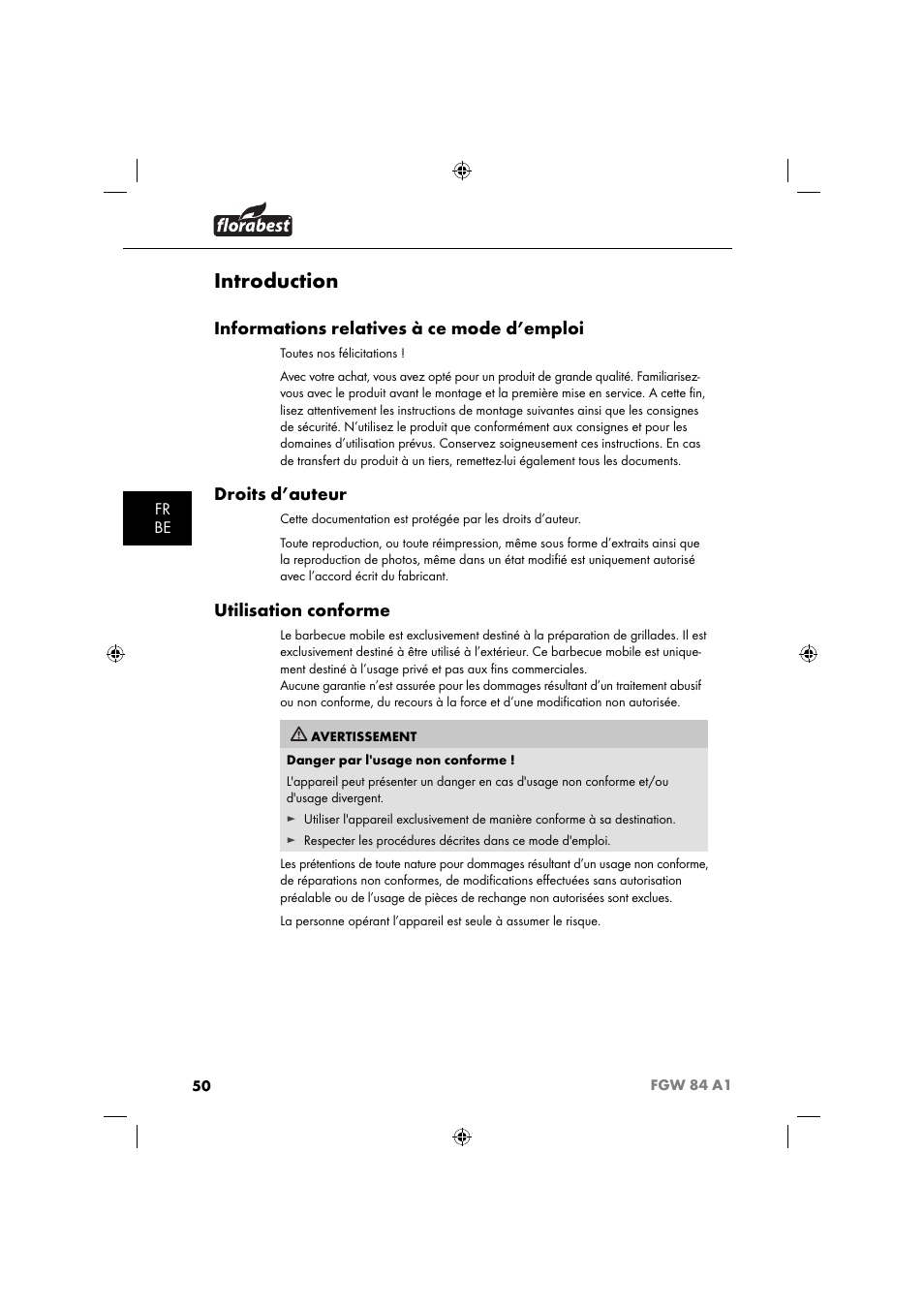 Introduction, Informations relatives à ce mode d’emploi, Droits d’auteur | Utilisation conforme | Florabest FGW 84 A1 User Manual | Page 53 / 88