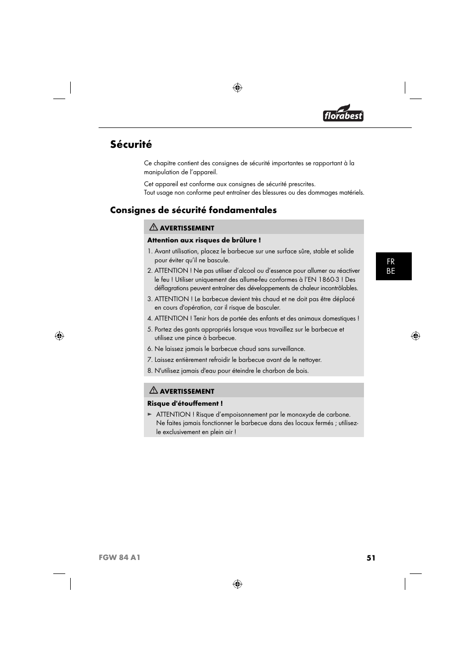 Sécurité, Consignes de sécurité fondamentales, Fr be | Florabest FGW 84 A1 User Manual | Page 54 / 88