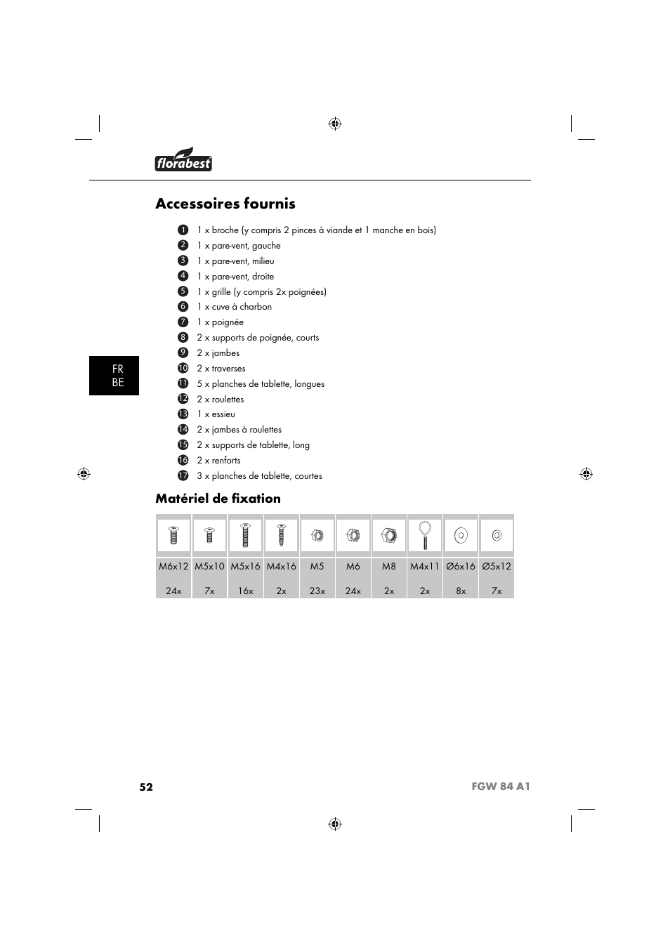 Accessoires fournis, Matériel de ﬁ xation, Fr be | Florabest FGW 84 A1 User Manual | Page 55 / 88