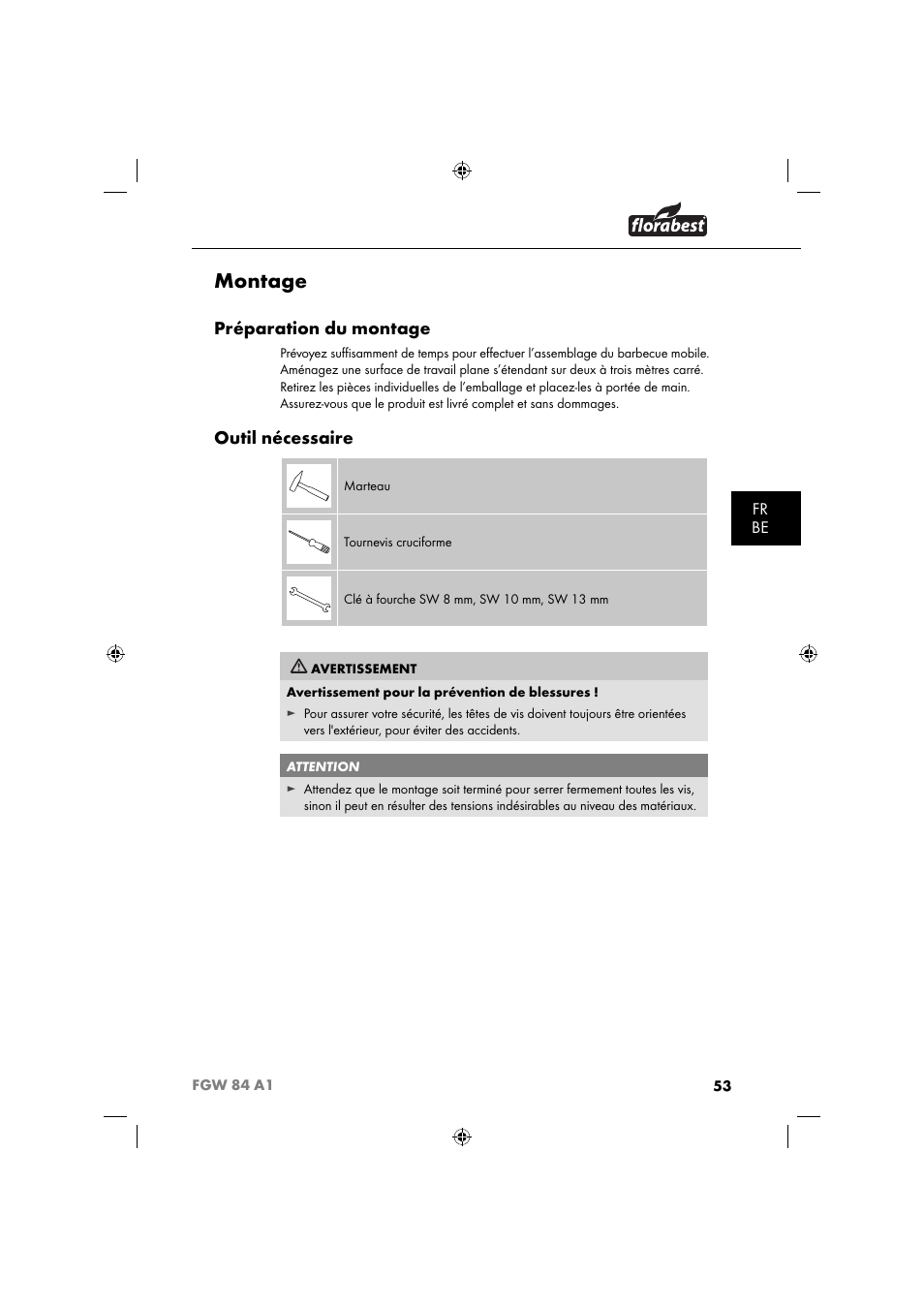 Montage, Préparation du montage, Outil nécessaire | Fr be | Florabest FGW 84 A1 User Manual | Page 56 / 88