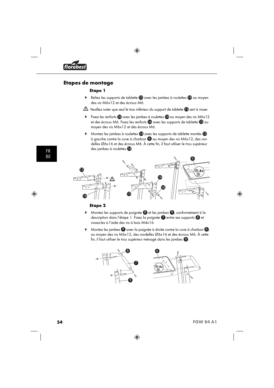 Etapes de montage, Fr be | Florabest FGW 84 A1 User Manual | Page 57 / 88