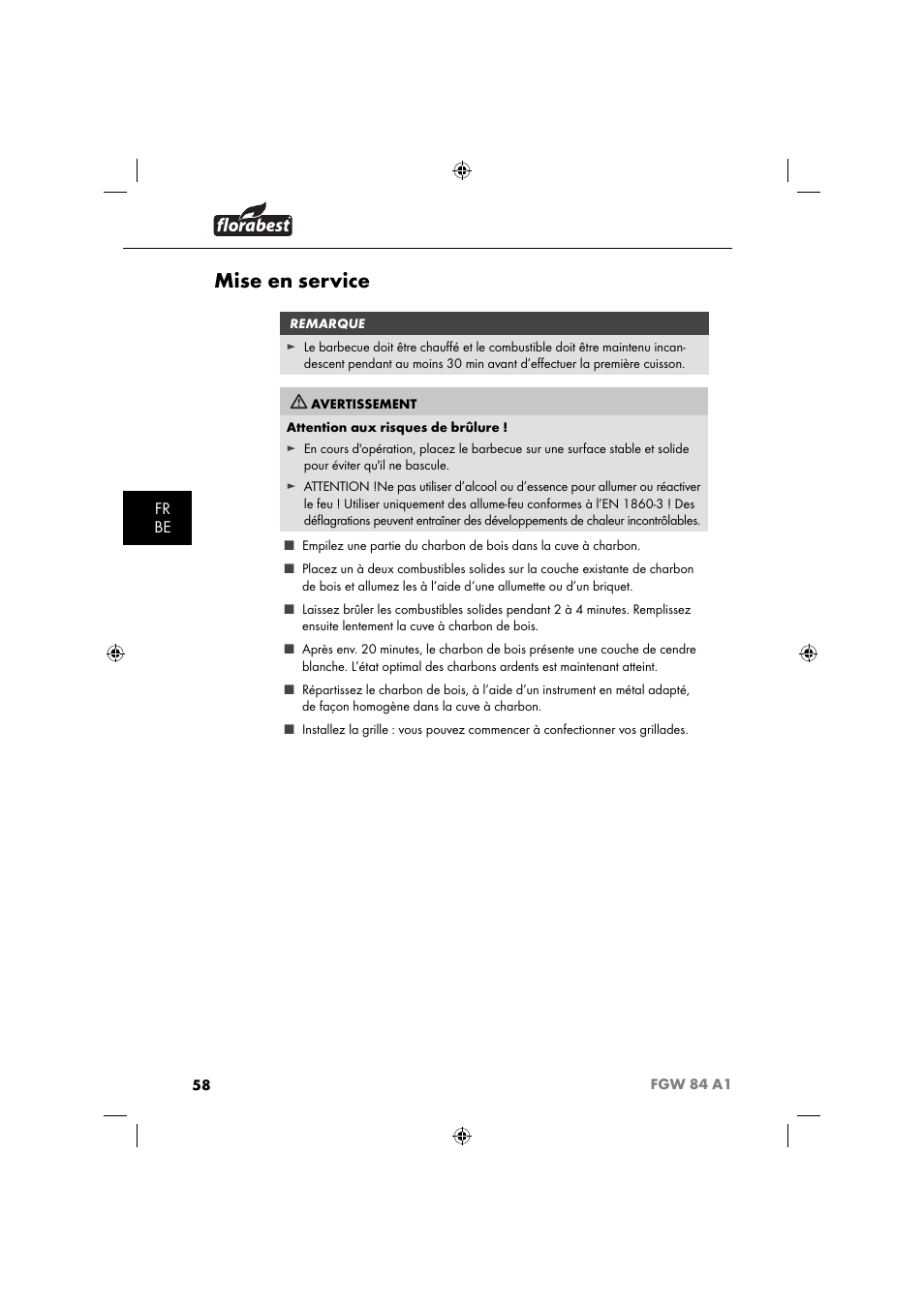 Mise en service, Fr be | Florabest FGW 84 A1 User Manual | Page 61 / 88