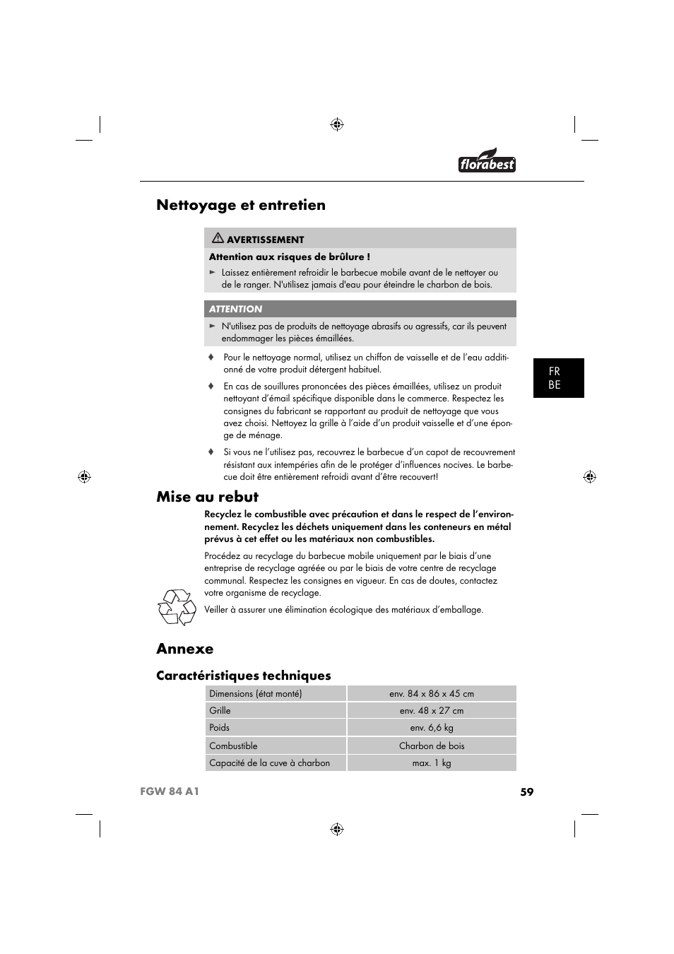 Nettoyage et entretien, Mise au rebut, Annexe | Caractéristiques techniques, Fr be | Florabest FGW 84 A1 User Manual | Page 62 / 88